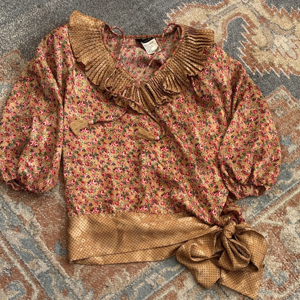 Vintage Diane Freis Floral Ruffle Blouse with Bow Georgette